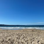 View of the Pacific Ocean on a clear day from a beach.