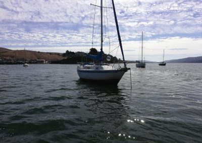 Sailboat moored in Tomales Bay, Marin County.