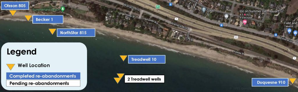 Legacy Well Locations in Santa Barbara County. Completed re-abandonments are Olsson 805, Becker 1, NorthStar 815, Treadwell 10, and Duquesne 910. Pending re-abandonments are 2 Treadwell wells.