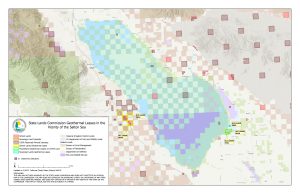 This map shows an overview of the Salton Sea and surrounding area and identifies certain California State Lands Commission lands and leases. A variety of land categories are shown, including California State Lands Commission school lands, sovereign land interests, 100% reserved mineral interests, school land geothermal leases, proprietary geothermal leases on California Fish and Wildlife Land, and sovereign lands geothermal leases. Additionally, lands are shown for the Imperial Irrigation District, California Department of Fish and Wildlife, Bureau of Land Management, Bureau of Reclamation, Department of Defense, and the U.S. Fish and Wildlife Service. Certain lands are labeled as Indemnity Selections as chosen by the Mineral Resources Management Division of the State Lands Commission.