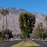 Typical Palm Springs, California, streetscape, with the San Jacinto Mountains as a backdrop