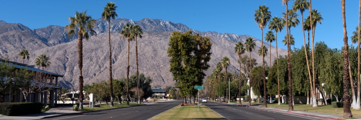 Typical Palm Springs, California, streetscape, with the San Jacinto Mountains as a backdrop