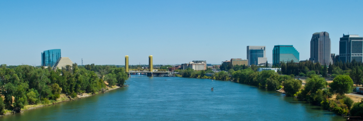 A view looking north toward downtown Sacramento, California from the Business I-80 Pioneer Memorial Bridge spanning the Sacramento River. Photo taken August 23, 2012.