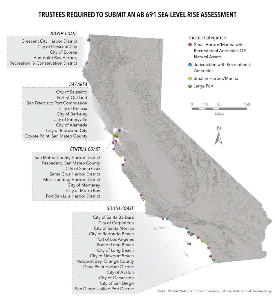 Map of California, displaying the locations of each trustee that was required to submit an AB 691 Assessment. The trustees are marked with different color circles according to what category they are: Small Harbor/Marina with Recreational Amenities OR Natural Assets; Jurisdictions with Recreational Amenities; Smaller Harbor/Marina; or Large Port.