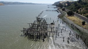 Aerial view of pilings in the water with train tracks to the right of the waterline.