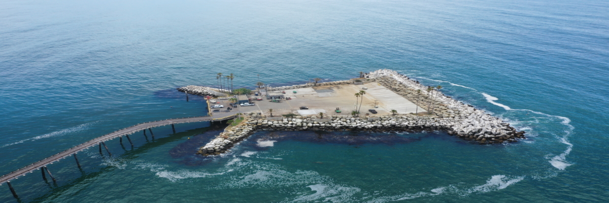 Aerial view of Rincon Island and Causeway, as taken by a drone in May, 2021.