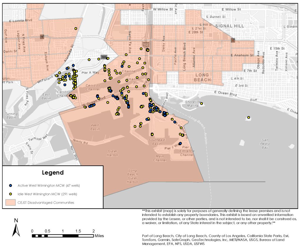 Map of area with the Active West Wilmington MCW (47 wells) marked in blue, Idle West Wilmington MCW (291 wells) marked in purple, and all CEJST Disadvantaged Communities marked in green.