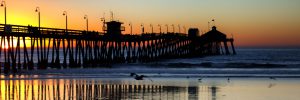 View of the pier from the beach as the sun sets behind and to the left of the pier and seagulls dot the shoreline.