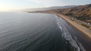 Drone view of the Ormond Beach, near Rincon Island and Causeway.