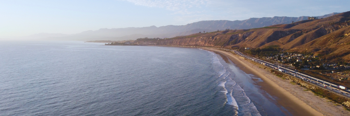 Drone view of the Ormond Beach, near Rincon Island and Causeway.