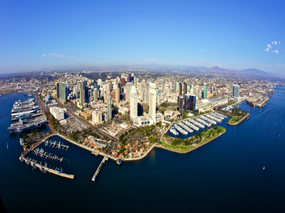 San Diego Unified Port District Looking down on the San Diego Unified Port District with a fish eye lens on a cloudless day.