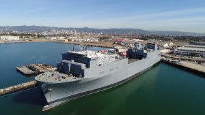 Aerial photo of The MV Cape Orlando (in Alameda) was undergoing a hull cleaning that the Marine Invasive Species Program was evaluating.