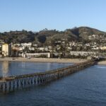looking onto the pier from the water with the beach, city and hills in the background and a clear sky overhead.