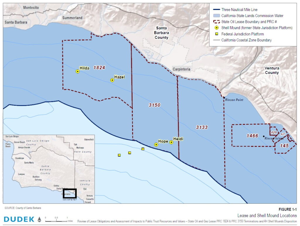 Figure 1. Lease and Shell Mound Locations Links to larger image. Map with legend reading as follows: 1. A solid blue line indicating the Three Nautical Mile line. 2. A dark blue filled bubble indicating the California State Lands Commission water. 3. A red dashed line indicating the State Oil Lease Boundary and PRC# 4. A yellow-filled circle with a black dot in the center indicating a Sell Mound (former State Jurisdiction Platform) 5. A yellow-filled square with a shadow casted to the left indicating a Federal Jurisdiction Platform. 6. A grey line indicating a California Coastal Zone Boundary. From Left to right you see first the border of Lease 1824, containing the Hilda and Hazel Shell Mounds, then the border of Lease 3150, containing the Hope and Heidi Shell Mounds, then the border of Lease 3133, followed by the boundraies of 1466, 429, 427 and 145. Underneath the boundaries of Leases 1824 and 3150 are three unmarked Federal Jurisdiction Platforms.