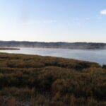 Early morning fog clearing over a slough in Humboldt County, California with grass in the foreground, hills in the background and a partly cloudy sky above.