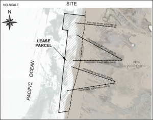 Line drawing of area with Lease Parcel designated by sideways lines and a black border. A dashed line indicates the Mean High Tide Line. Top to bottom on the right-hand side is the existing test slant well, followed by the four proposed slant wells underneath. Links to a larger image.