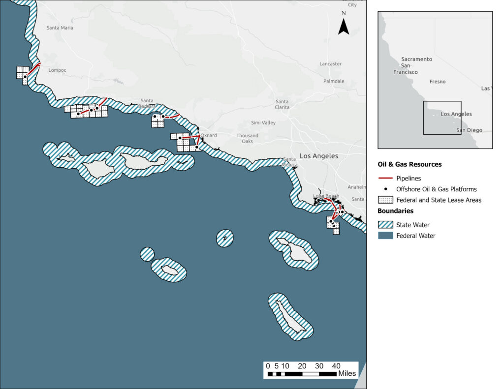 Focus Area Map encompassing the locations of the 9 oil and gas pipeline leases in this study (southern San Luis Obispo County to northern Orange County). Oil and gas production platforms that the pipelines serve and associated production leases are shown. The delineation between state waters (approx. 3 nautical miles from shore) and federal waters is shown. Image links to larger version.