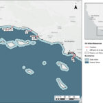 Map encompassing the locations of the 9 oil and gas pipeline leases in this study (southern San Luis Obispo County to northern Orange County). Oil and gas production platforms that the pipelines serve and associated production leases are shown. The delineation between state waters (approx. 3 nautical miles from shore) and federal waters is shown.