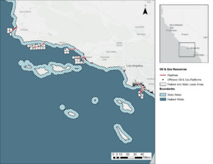 Map encompassing the locations of the 9 oil and gas pipeline leases in this study (southern San Luis Obispo County to northern Orange County). Oil and gas production platforms that the pipelines serve and associated production leases are shown. The delineation between state waters (approx. 3 nautical miles from shore) and federal waters is shown.