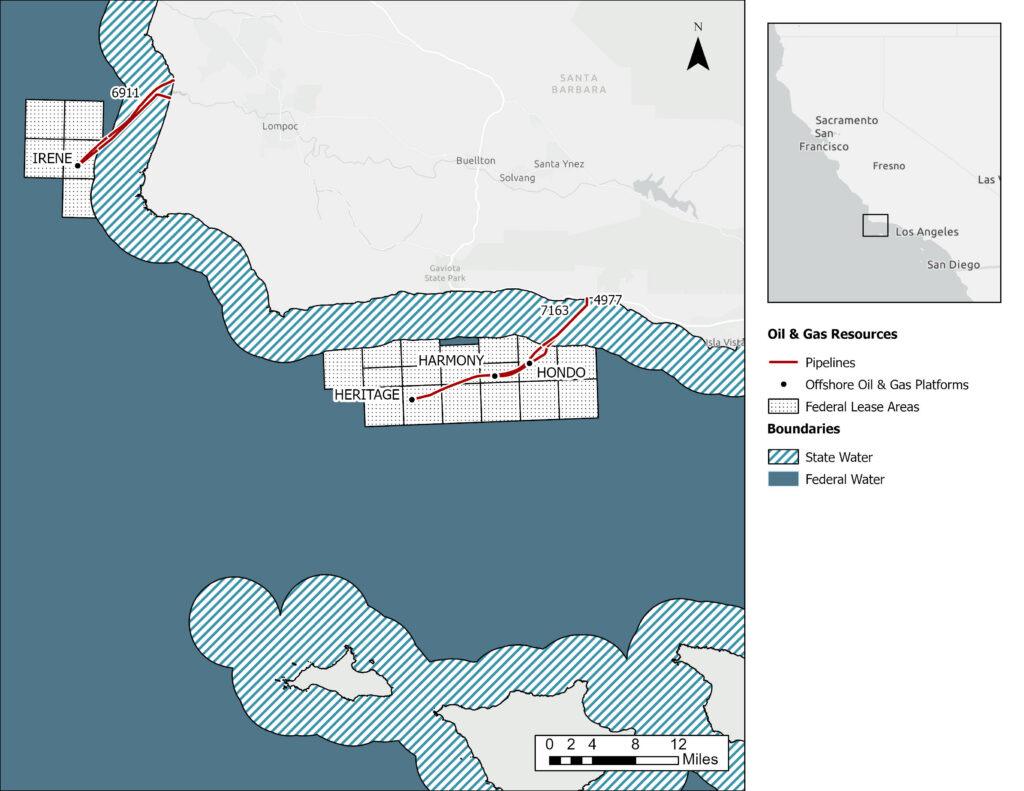 Northern Close-up Map encompassing northern and central Santa Barbara County where 3 oil and gas pipeline leases are located. Oil and gas production platforms that the pipelines serve and associated federal production leases are shown. The delineation between state waters (approx. 3 nautical miles from shore) and federal waters is shown. Image links to a larger version.