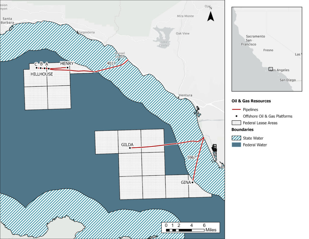 Central Close-up Map encompassing southern Santa Barbara and northern Ventura County where 2 oil and gas pipeline leases are located. Oil and gas production platforms that the pipelines serve and associated federal production leases are shown. The delineation between state waters (approx. 3 nautical miles from shore) and federal waters is shown. Image links to a larger version.
