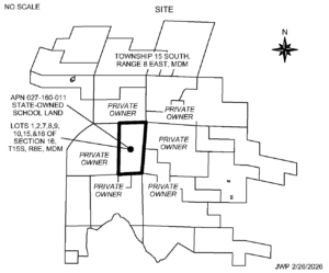 Simplified map indicating the subject state parcel shown as APN 027-160-011 in a thick black outline that is surrounded by thinner black outlines showing private ownership, Llanada, San Benito County.
